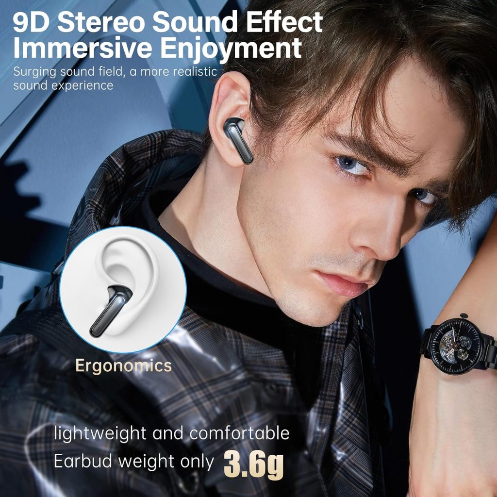 Wireless Earbuds, Bluetooth 6.0 Headphones HiFi Stereo 50H Playback LED Digital Display Ear Buds with ENC Noise Canceling Headset, IPX7 Waterproof Earphones for Gym/Running/Work(Black)