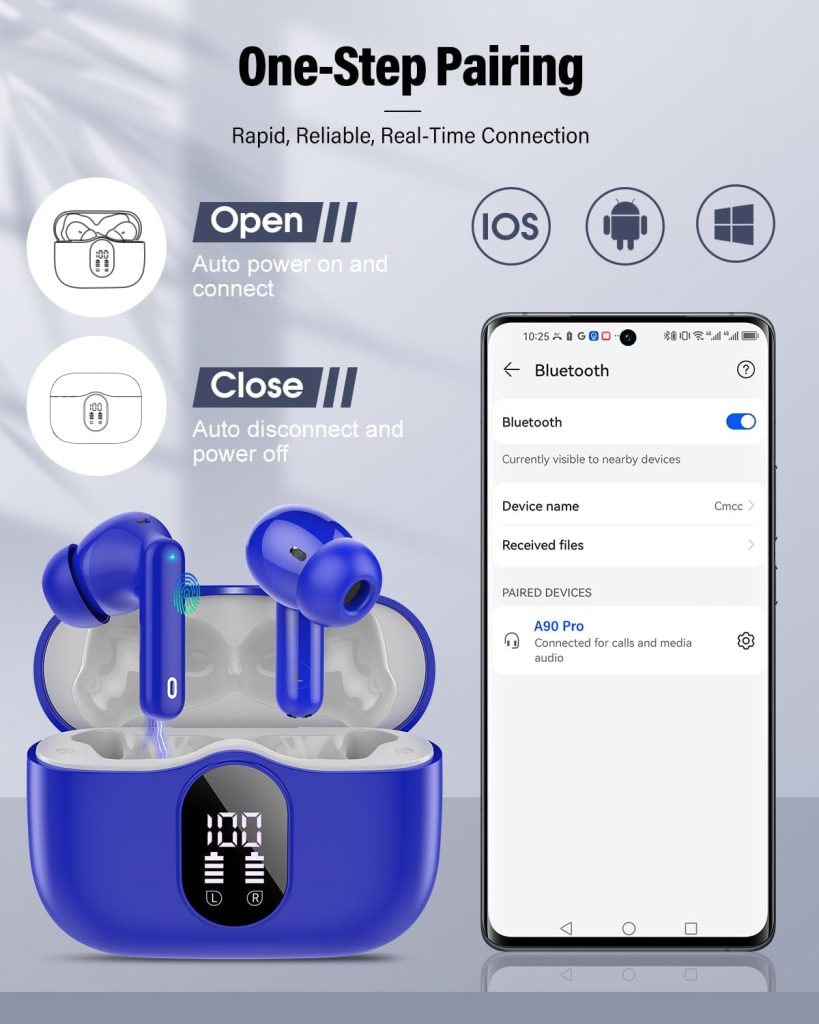 Wireless Earbuds, Bluetooth 5.4 Headphones Bass Stereo/Clear Calls, Blue