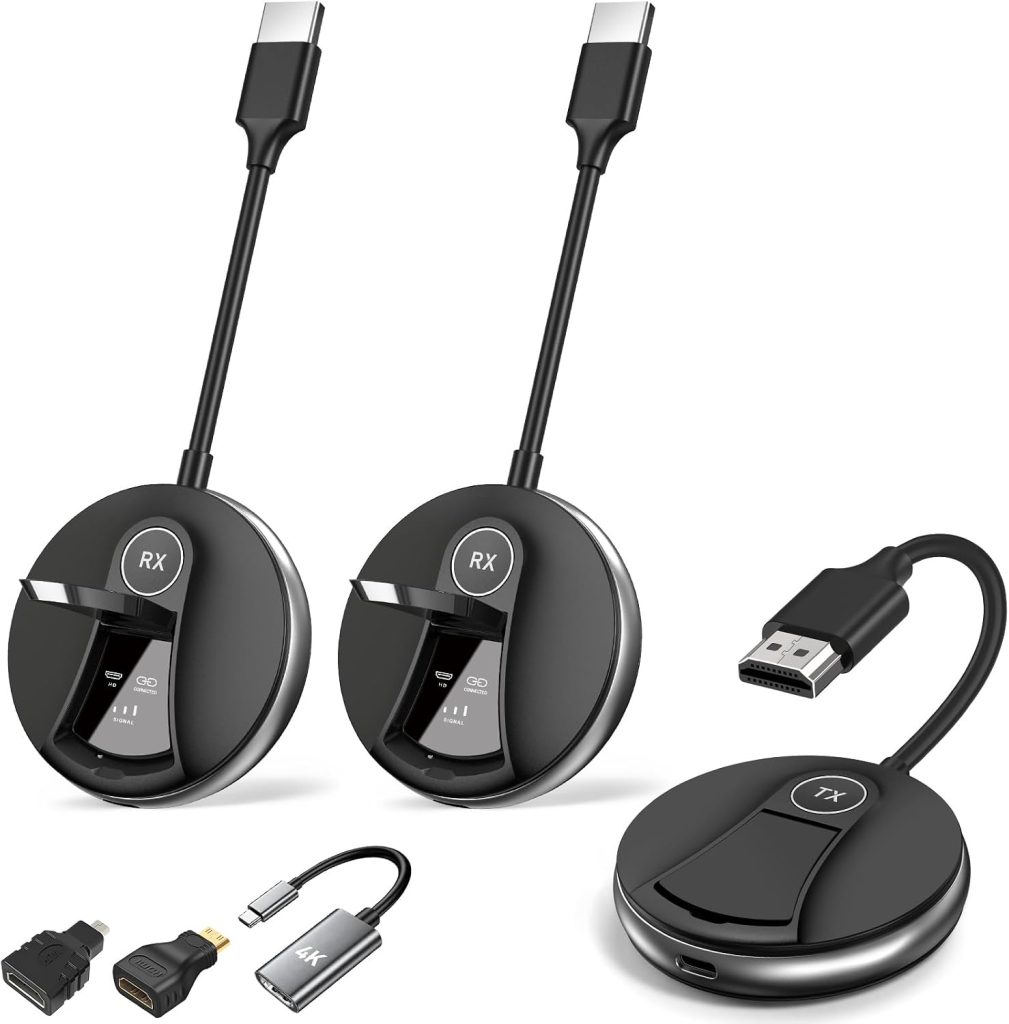 Wireless HDMI 1 Transmitter and 2 Receivers,Multi-TV Extender,UP to 6RXs,Plug and Play,4K Decode,165FT/50M,Portable Wireless HDMI Splitter-Video/Audio from Camera/Laptop to TVs/Projectors/Monitors