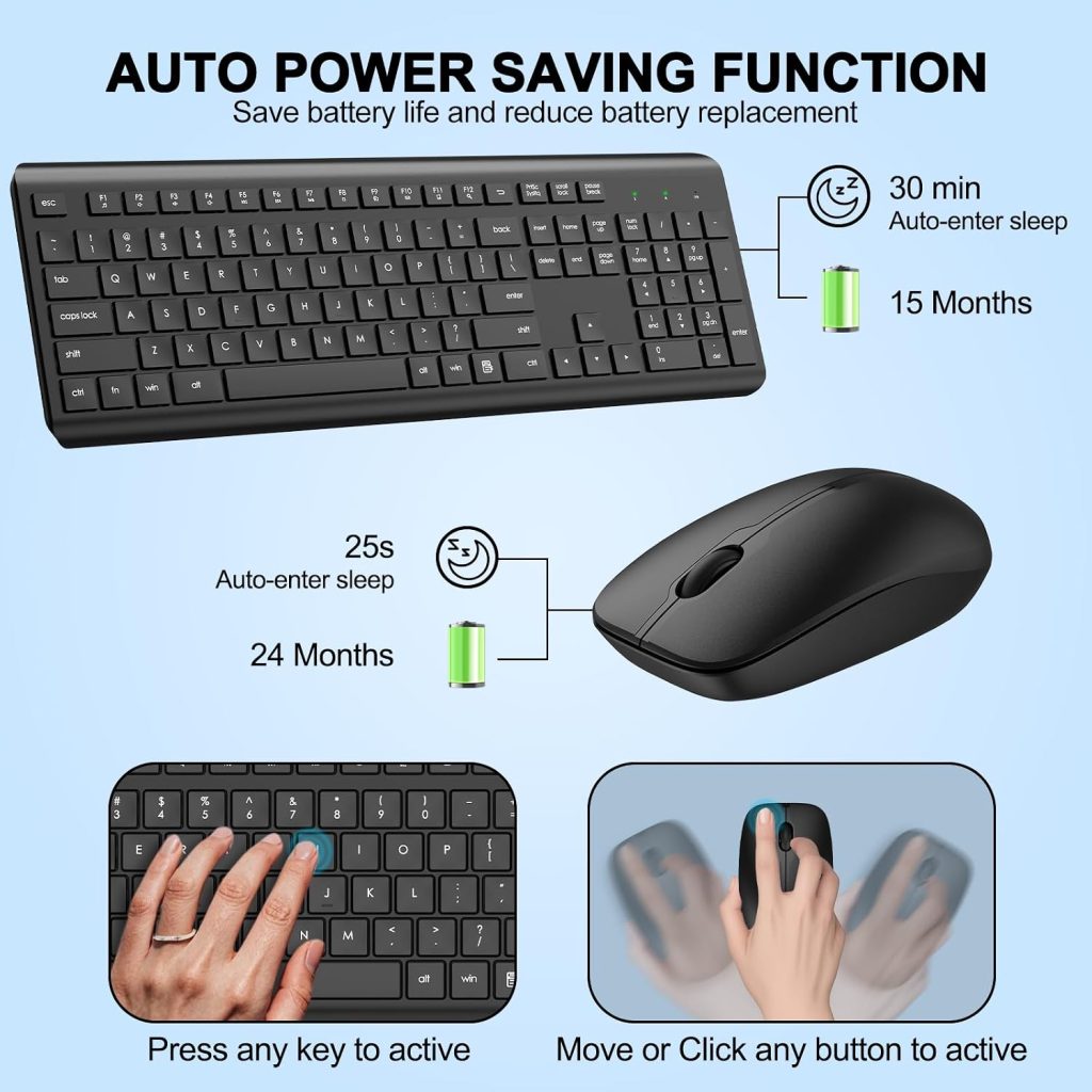 Wireless Keyboard and Mouse Combo, Full Size Silent Ergonomic Keyboard and Mouse, Long Battery Life, Optical Mouse, 2.4G Lag-Free Cordless Mice Keyboard for Computer, Mac, Laptop, PC, Windows