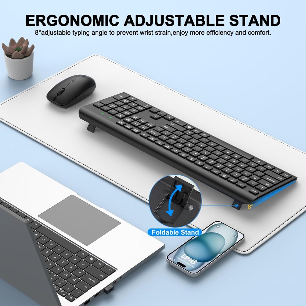 Wireless Keyboard and Mouse Combo, Full Size Silent Ergonomic Keyboard and Mouse, Long Battery Life, Optical Mouse, 2.4G Lag-Free Cordless Mice Keyboard for Computer, Mac, Laptop, PC, Windows