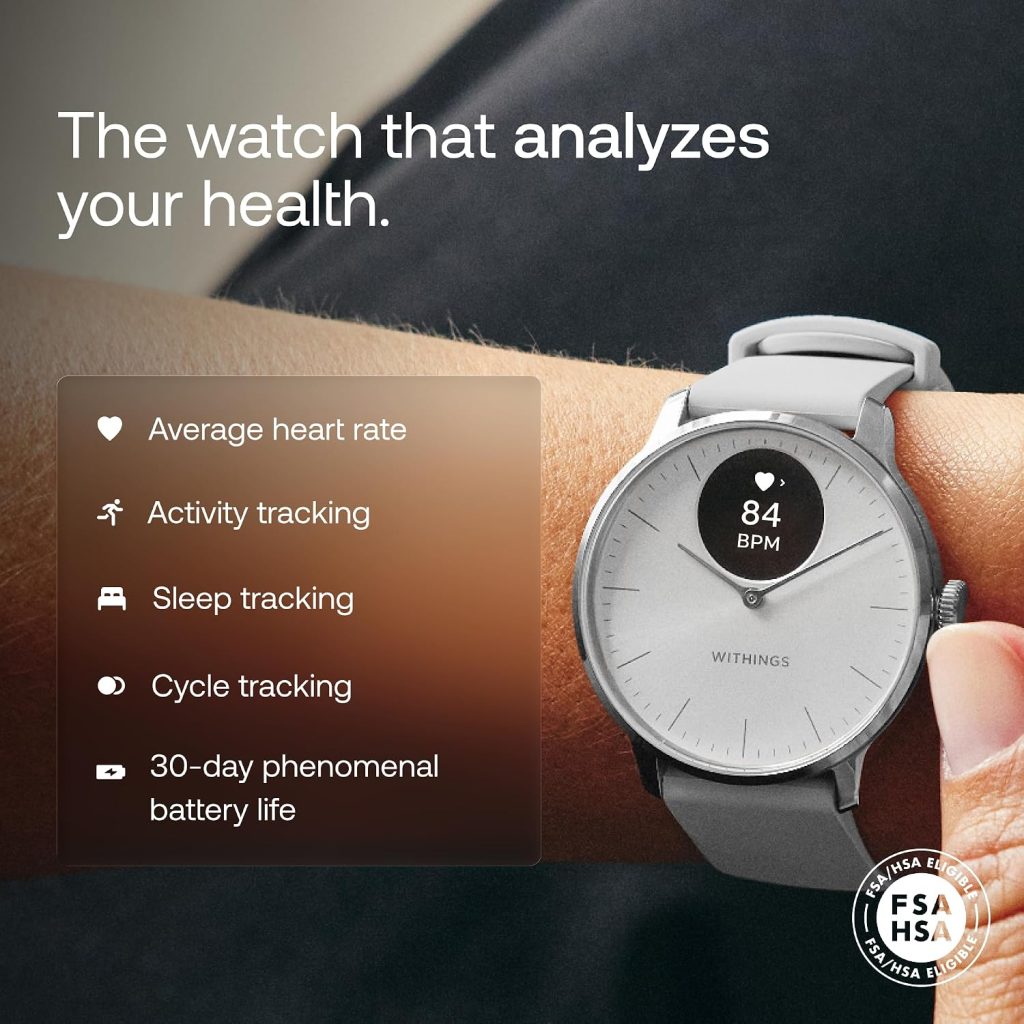 Withings ScanWatch Light – Hybrid Smartwatch, 24/7 Heart Monitoring, Activity Tracking, Cycle Tracking, Sleep Monitoring, Connected GPS, 30-Day Battery Life, Android & Apple Compatible, HSA/FSA