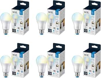 WiZ 60W A19 Tunable White LED Smart Bulb – Pack of 6 – E26- Indoor – Connects to Your Existing Wi-Fi – Control with Voice or App + Activate with Motion – Matter Compatible