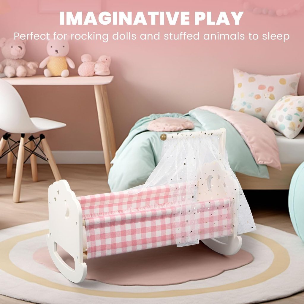 Wooden Baby Doll Crib Set, Baby Doll Bed Toys for 18 Inch Dolls, with Bedding and Canopy, Baby Doll Furniture Accessories