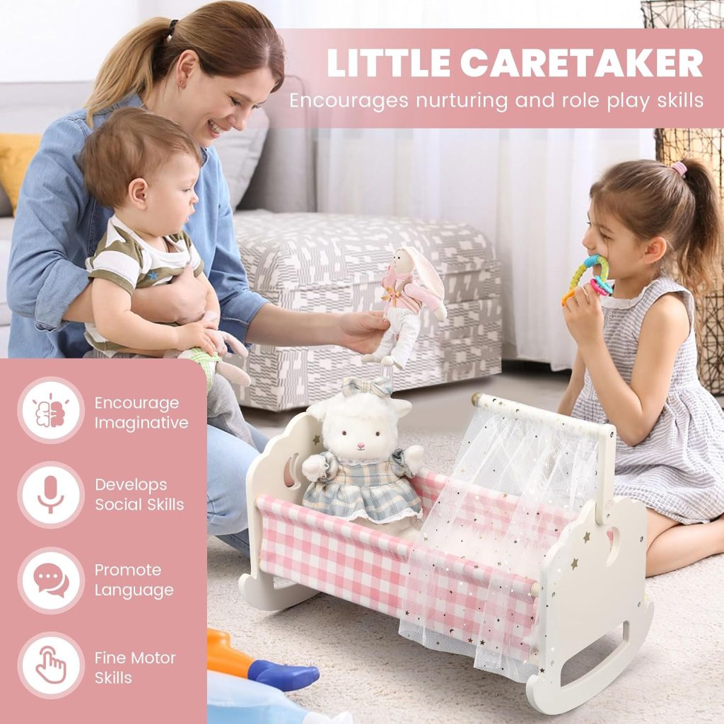 Wooden Baby Doll Crib Set, Baby Doll Bed Toys for 18 Inch Dolls, with Bedding and Canopy, Baby Doll Furniture Accessories