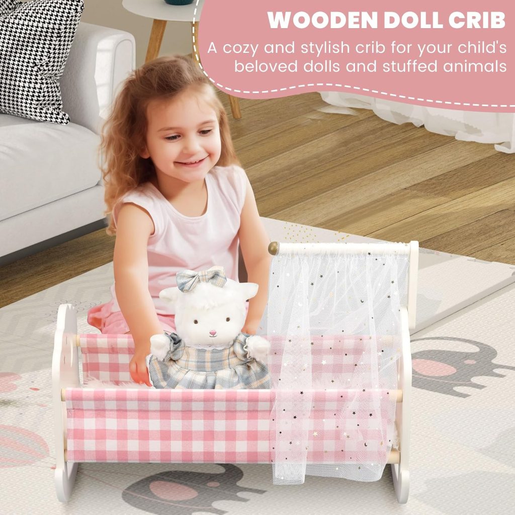 Wooden Baby Doll Crib Set, Baby Doll Bed Toys for 18 Inch Dolls, with Bedding and Canopy, Baby Doll Furniture Accessories