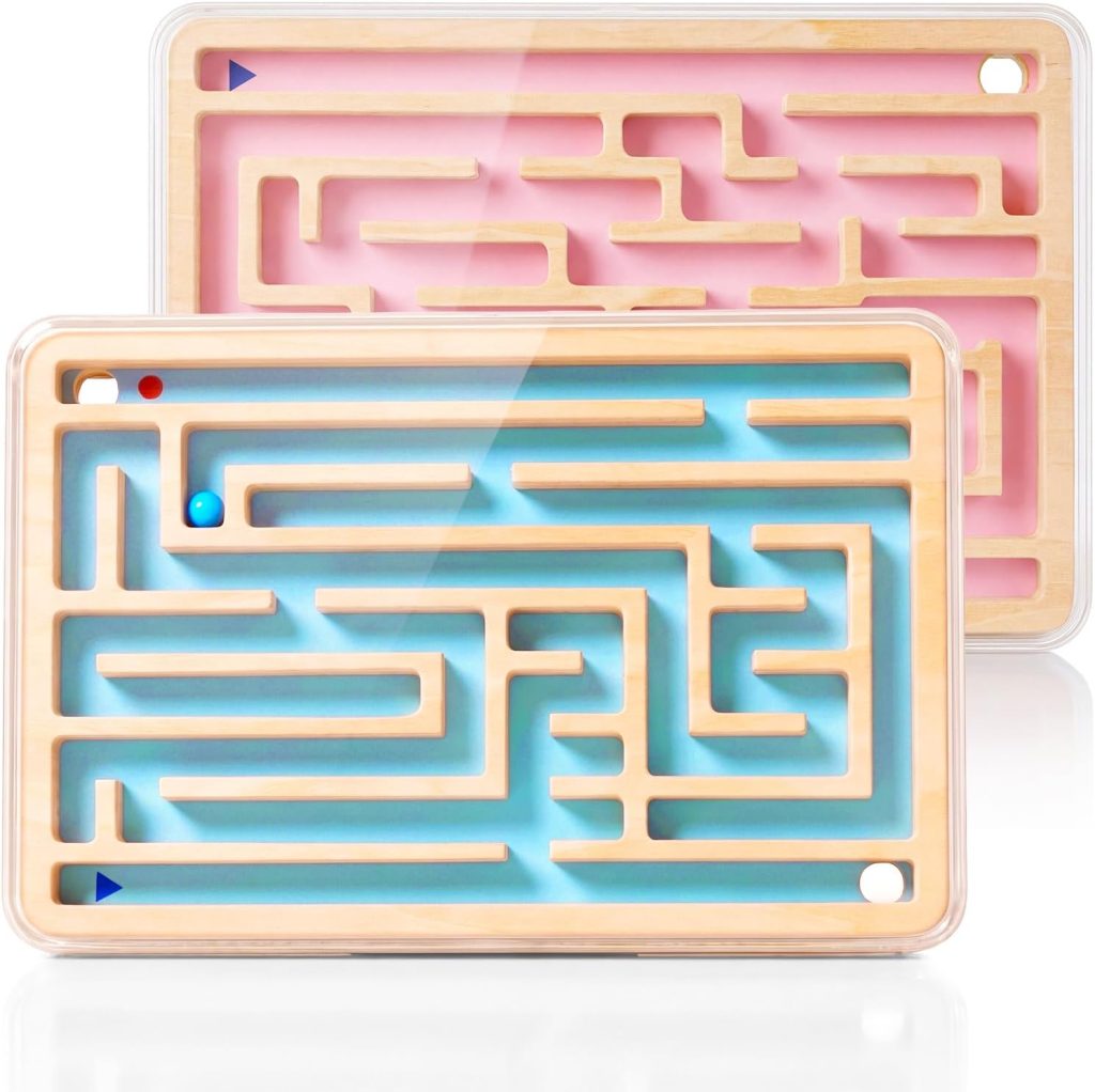Wooden Montessori Board Maze Game, Double-Sided Marble Maze Puzzle for Kids
