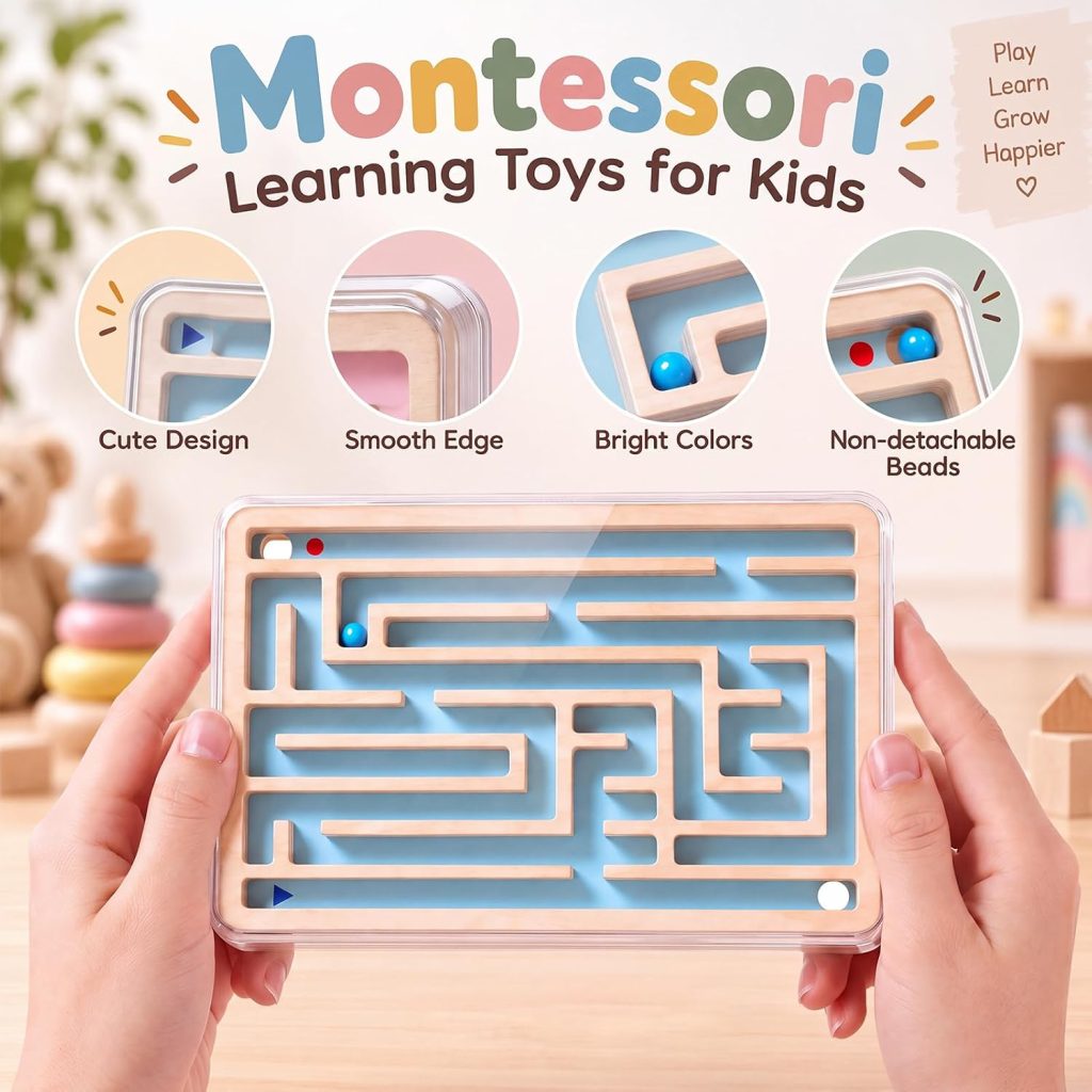 Wooden Montessori Board Maze Game, Double-Sided Marble Maze Puzzle for Kids