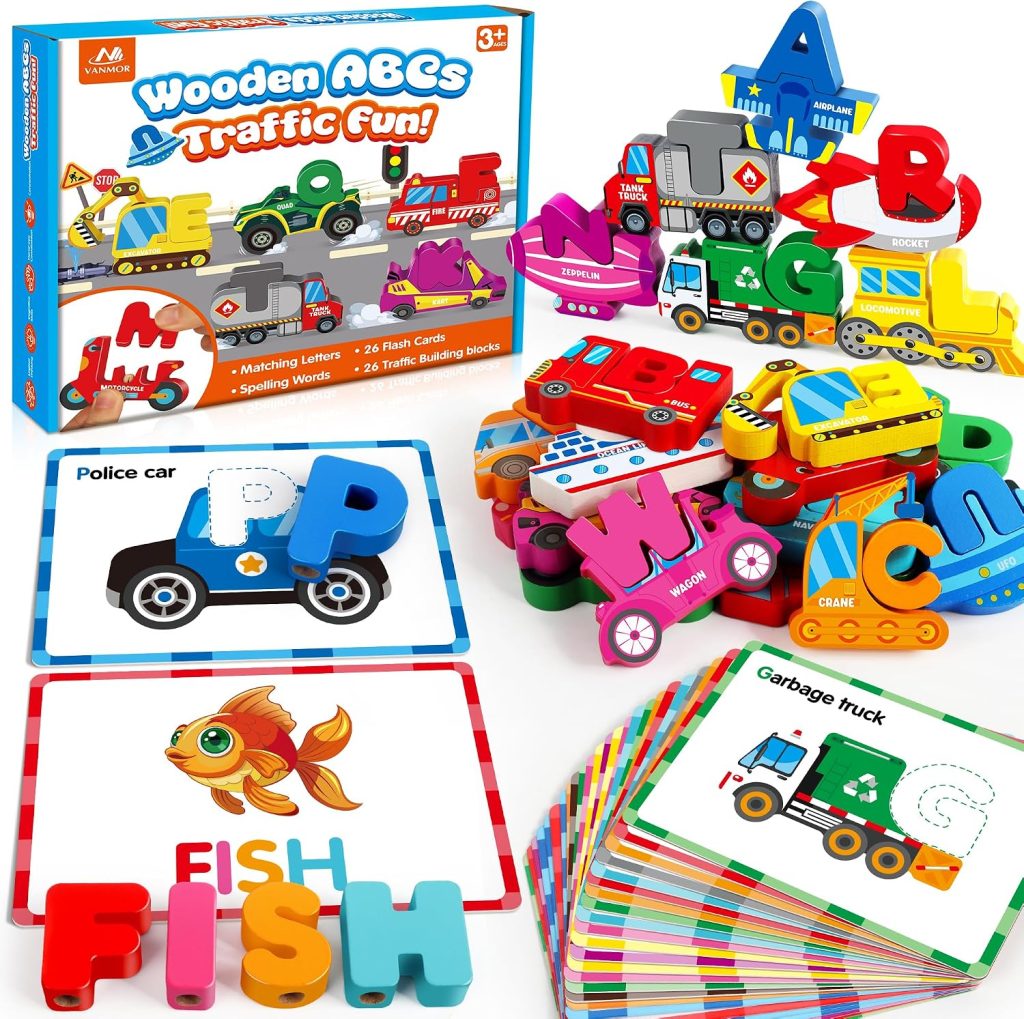 Wooden Vehicle Alphabet Puzzle for Toddlers, Traffic ABC Letter Sight Words Matching Game with 52 Blocks and Flash Cards, Spelling Game Toys, Kindergarten Preschool Learning Activities