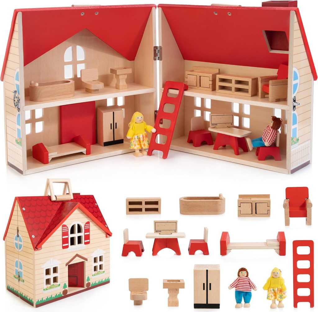 WOODMAM Foldable Wooden Dollhouse with Furniture for Pretend Play