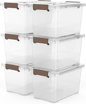 WYT 6-Pack Clear 7 Quart Storage Latch Box/Bins, Plastic Stackable Latching Box with Brown Handle and Lid, Multi-Purpose, 7 Litre