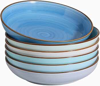 Y YHY 8.5” Pasta Bowls Set of 6, 30 oz Ceramic Shallow Salad Bowls, Large Serving Soup Bowls Pasta Plates, Microwave & Dishwasher Safe Dinnerware Valentine’s Day Gift, Gradient Blue