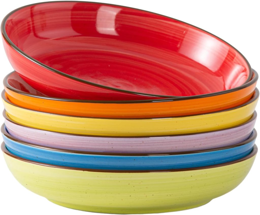 Y YHY Pasta Bowls Set of 6, 30 oz Ceramic Shallow Bowls, Serving Bowls Pasta Plates and Salad Bowls, Microwave & Dishwasher Safe Soup Bowls, Assorted Colors Christmas Day Gift