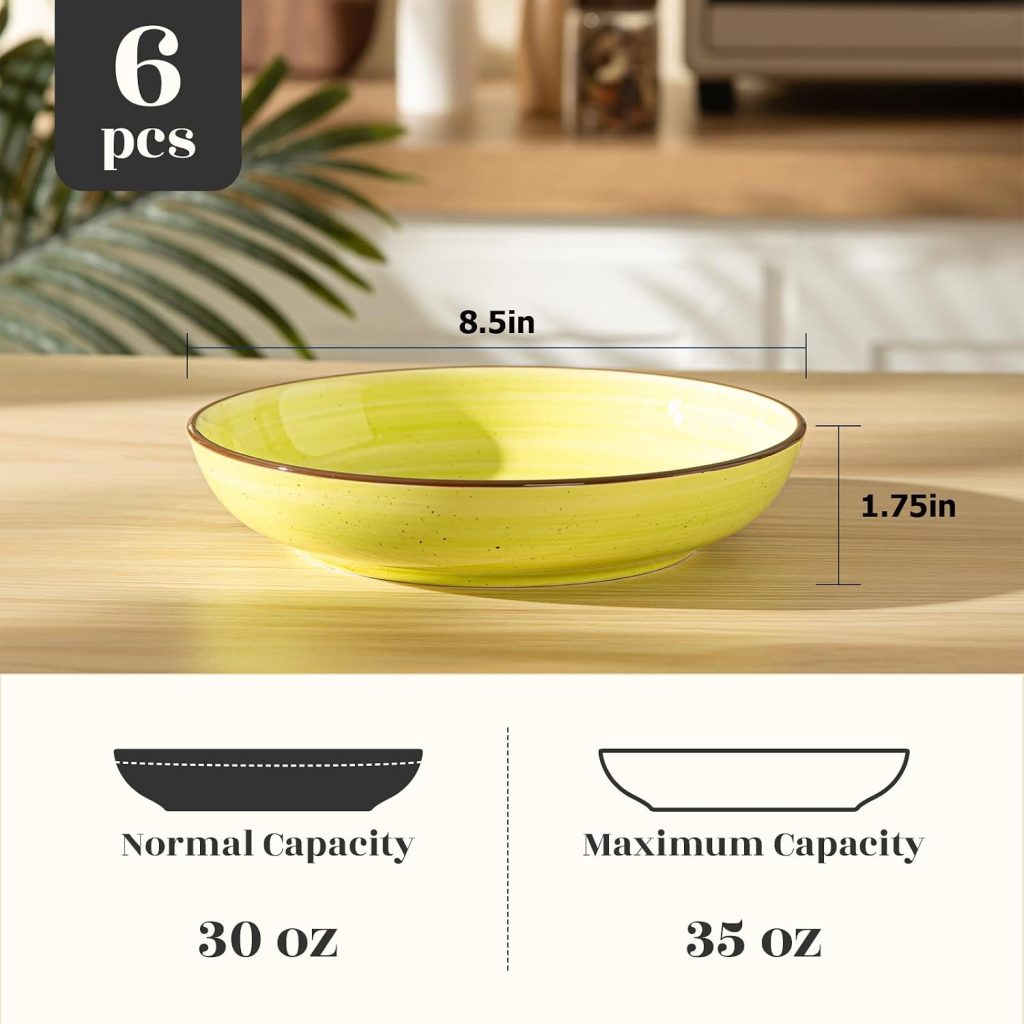 Y YHY Pasta Bowls Set of 6, 30 oz Ceramic Shallow Bowls, Serving Bowls Pasta Plates and Salad Bowls, Microwave & Dishwasher Safe Soup Bowls, Assorted Colors Christmas Day Gift
