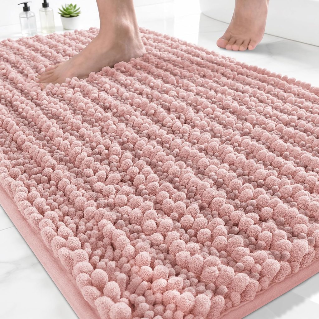 Yimobra Bathroom Rugs Non Slip Washable – Ultra Soft Absorbent Chenille Bath Mat, Quick Dry Shaggy Floor Carpet for Tub Shower, Light Pink Home Decor Accessories, 24×17 Inch