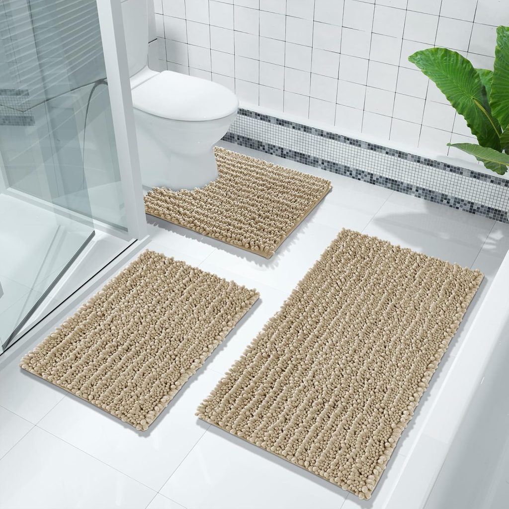 Yimobra Bathroom Rugs Non Slip Washable 24×17 Inch – Ultra Soft Absorbent Chenille Bath Mat, Quick Dry Shaggy Floor Carpet for Tub Shower, Camel Home Decor Accessories