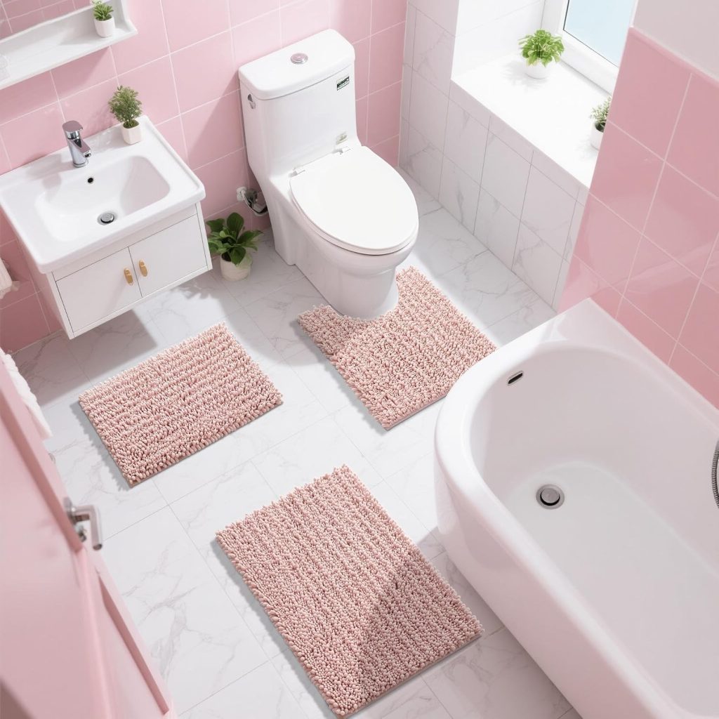 Yimobra Bathroom Rugs Non Slip Washable – Ultra Soft Absorbent Chenille Bath Mat, Quick Dry Shaggy Floor Carpet for Tub Shower, Light Pink Home Decor Accessories, 24×17 Inch
