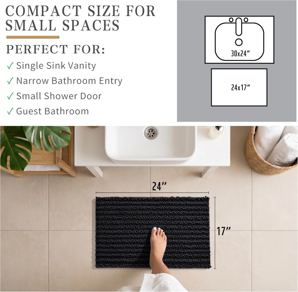 Yimobra Bathroom Rugs Non Slip Washable – Ultra Soft Absorbent Chenille Bath Mat, Quick Dry Shaggy Floor Carpet for Tub Shower, Black Home Decor Accessories, 24×17 Inch