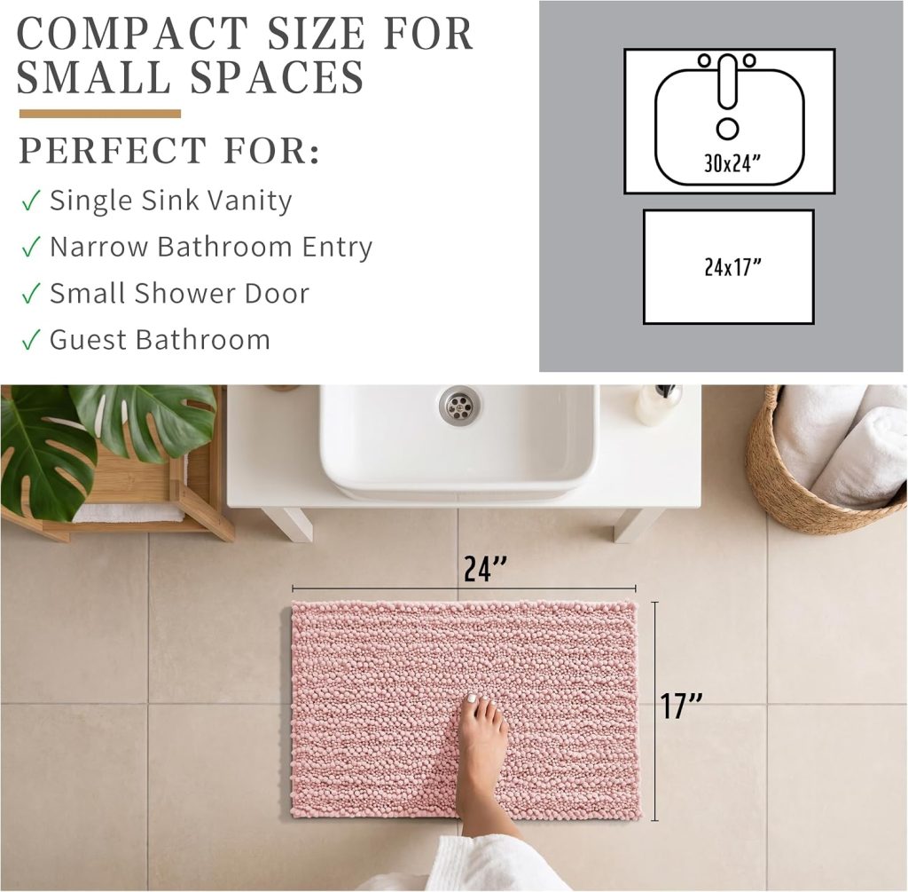 Yimobra Bathroom Rugs Non Slip Washable – Ultra Soft Absorbent Chenille Bath Mat, Quick Dry Shaggy Floor Carpet for Tub Shower, Light Pink Home Decor Accessories, 24×17 Inch