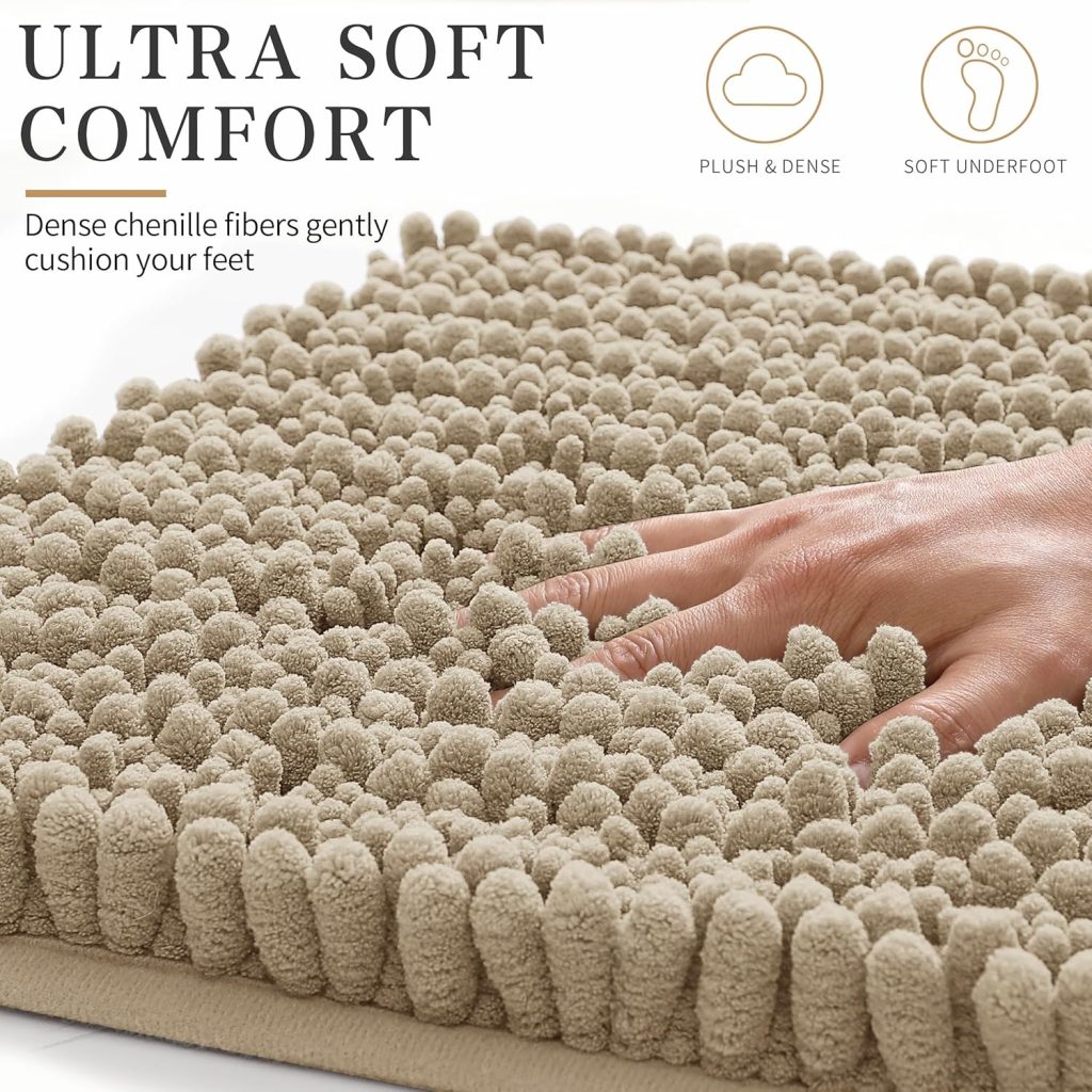 Yimobra Bathroom Rugs Non Slip Washable 24×17 Inch – Ultra Soft Absorbent Chenille Bath Mat, Quick Dry Shaggy Floor Carpet for Tub Shower, Camel Home Decor Accessories