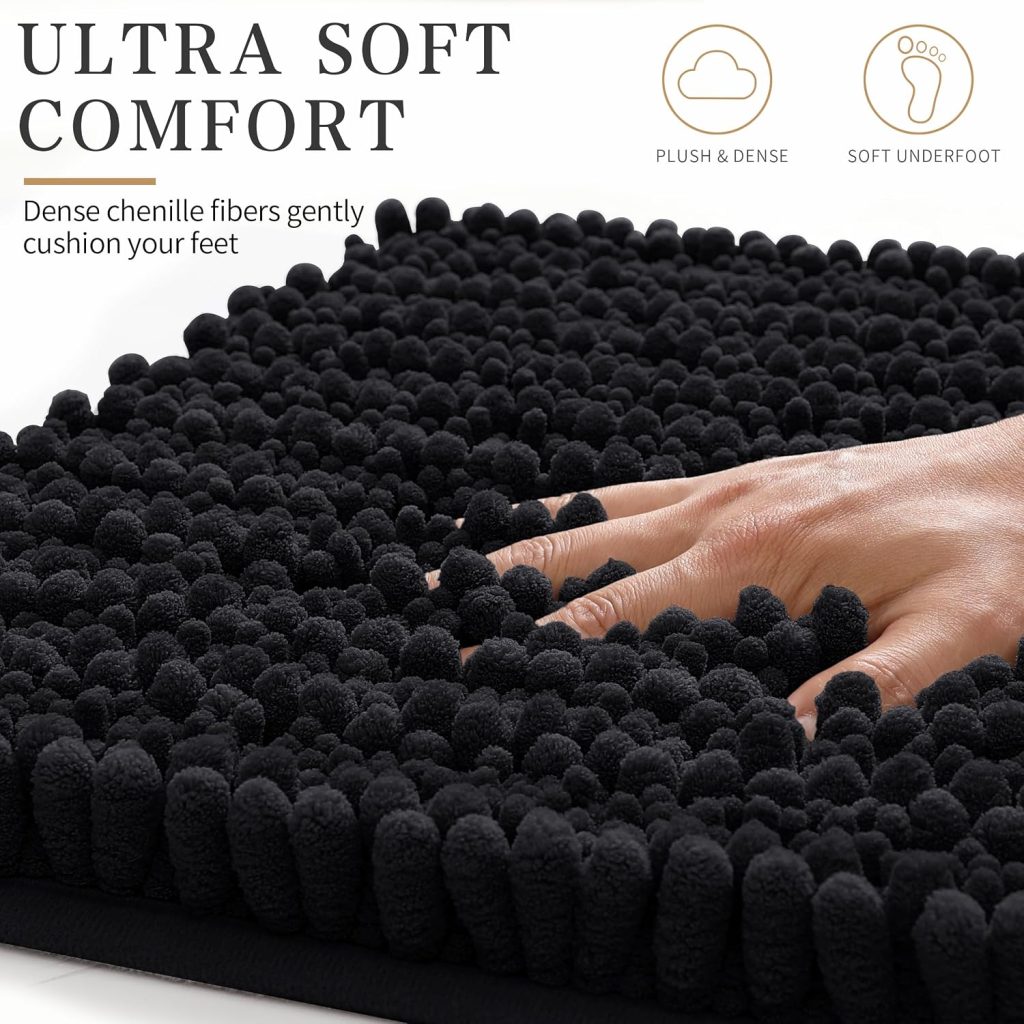 Yimobra Bathroom Rugs Non Slip Washable – Ultra Soft Absorbent Chenille Bath Mat, Quick Dry Shaggy Floor Carpet for Tub Shower, Black Home Decor Accessories, 24×17 Inch