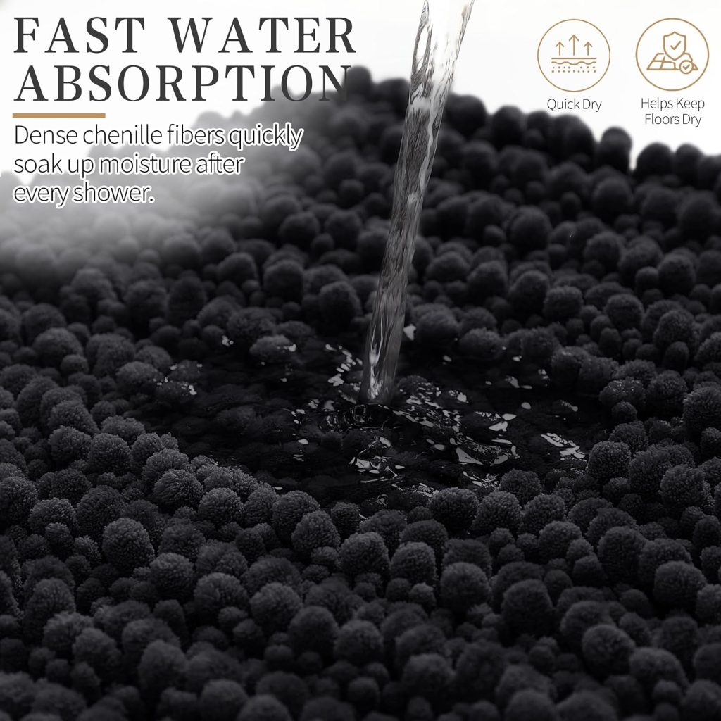 Yimobra Bathroom Rugs Non Slip Washable – Ultra Soft Absorbent Chenille Bath Mat, Quick Dry Shaggy Floor Carpet for Tub Shower, Black Home Decor Accessories, 24×17 Inch
