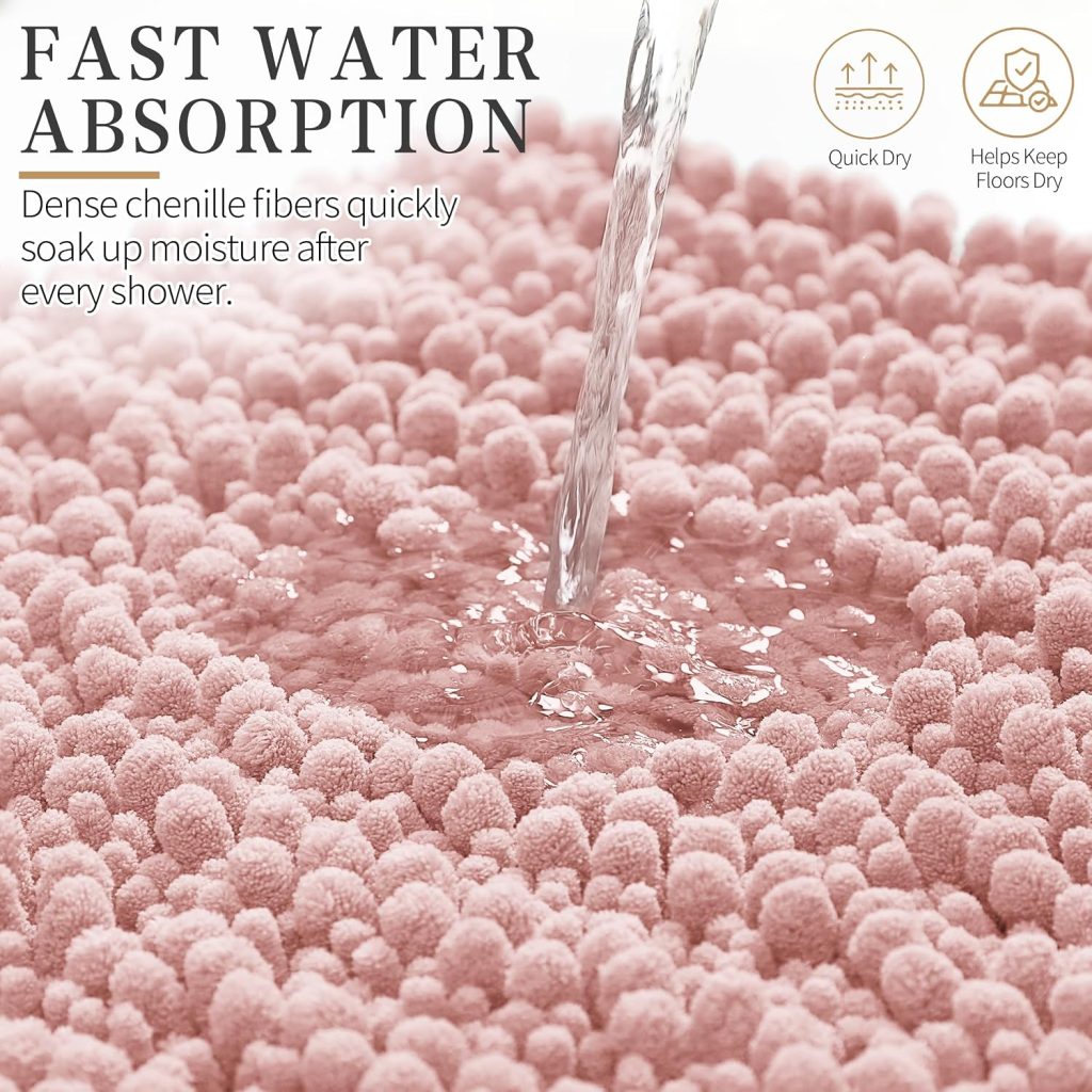 Yimobra Bathroom Rugs Non Slip Washable – Ultra Soft Absorbent Chenille Bath Mat, Quick Dry Shaggy Floor Carpet for Tub Shower, Light Pink Home Decor Accessories, 24×17 Inch