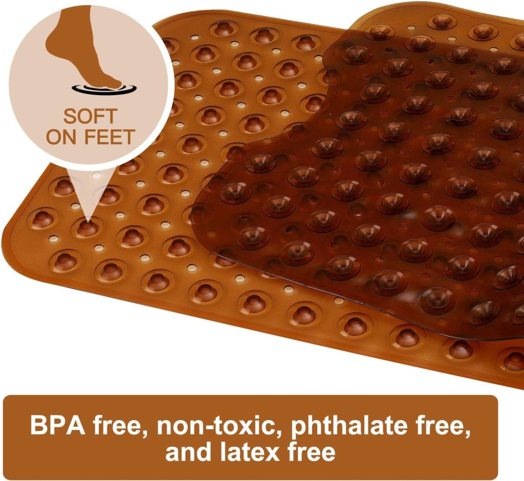 YINENN Bath and Shower Safety Mats 40×16 inch, Non Slip with Suction Cups for Bathroom Stall and Tub Floor, Extra Large and Machine Washable, Drain Holes Keep Bathtub Clean, Brown