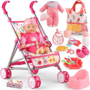 YIYBM Baby Doll with Stroller Set with 12.5″ Baby Dolls, Handbag, 2 Sets Doll Clothes and 16 PCS Doll Accessories. Baby Stroller Toys for Toddler Girls Kids Ages 3-5 4-6 for Pretend Play.