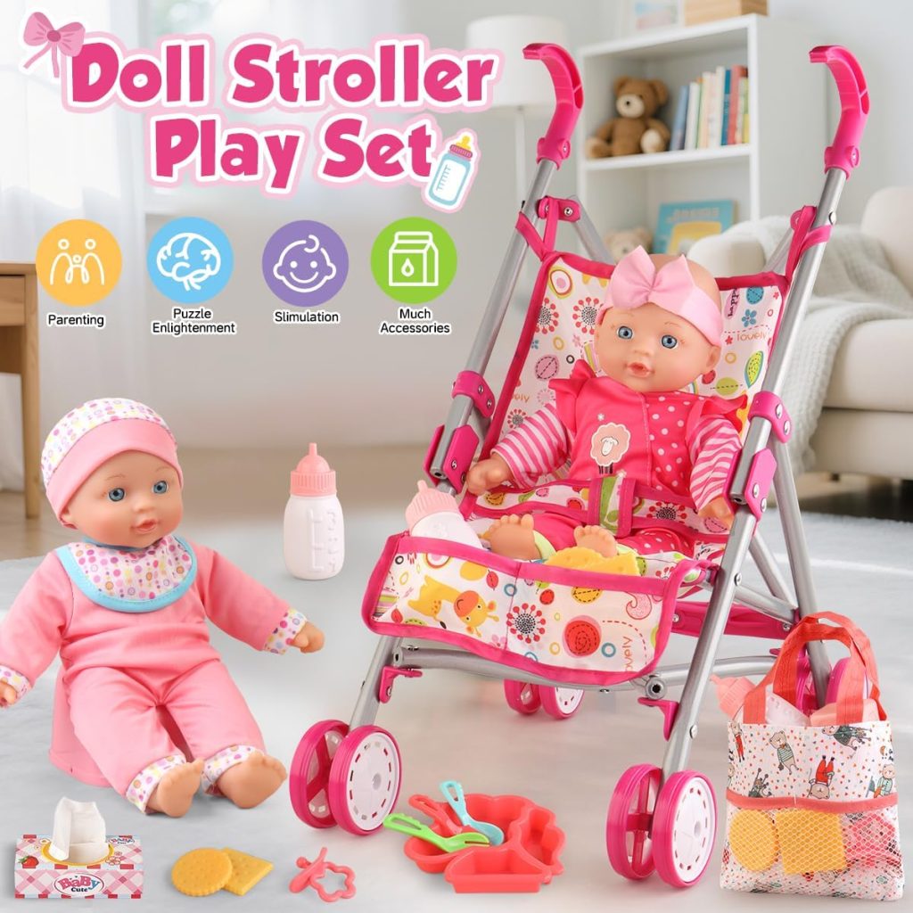 YIYBM Baby Doll with Stroller Set with 12.5″ Baby Dolls, Handbag, 2 Sets Doll Clothes and 16 PCS Doll Accessories. Baby Stroller Toys for Toddler Girls Kids Ages 3-5 4-6 for Pretend Play.
