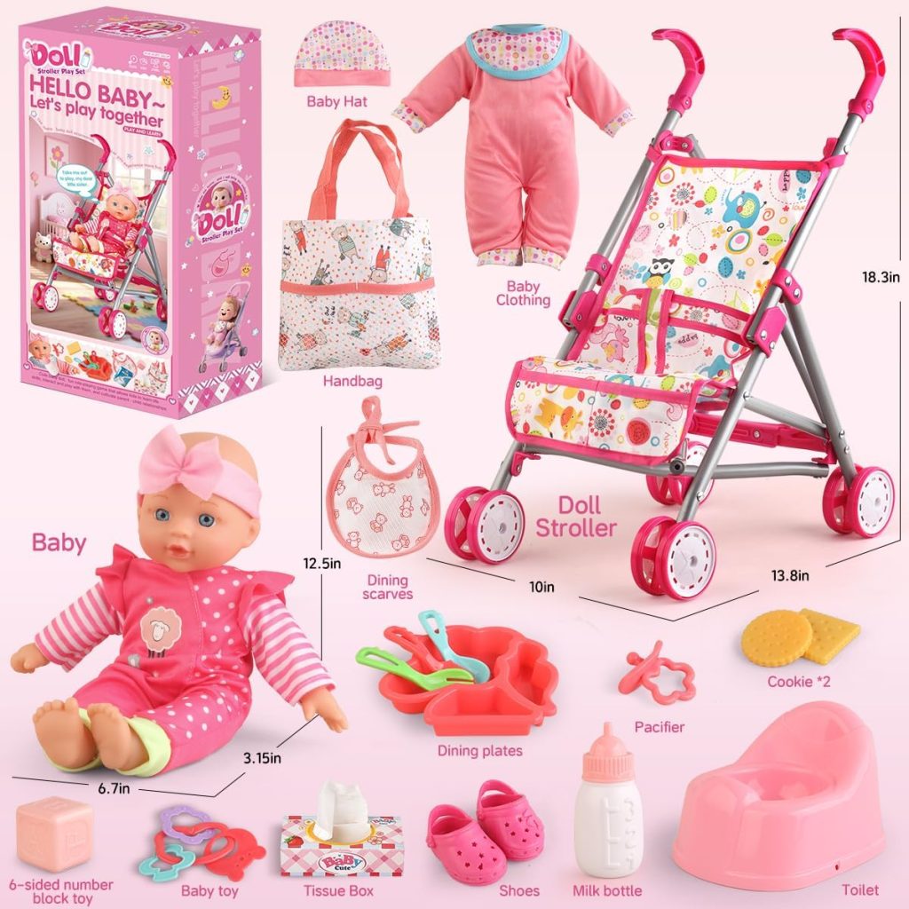 YIYBM Baby Doll with Stroller Set with 12.5″ Baby Dolls, Handbag, 2 Sets Doll Clothes and 16 PCS Doll Accessories. Baby Stroller Toys for Toddler Girls Kids Ages 3-5 4-6 for Pretend Play.