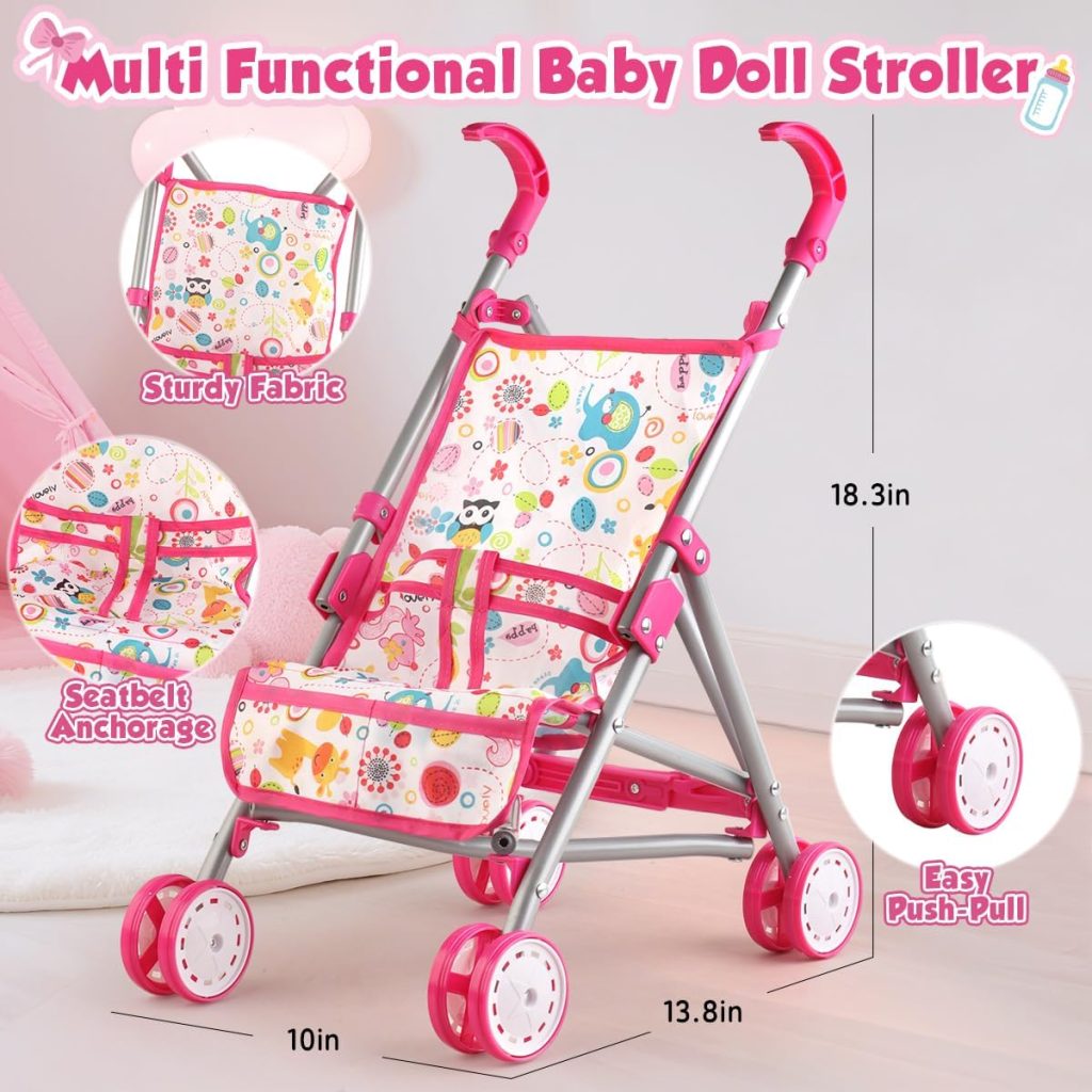 YIYBM Baby Doll with Stroller Set with 12.5″ Baby Dolls, Handbag, 2 Sets Doll Clothes and 16 PCS Doll Accessories. Baby Stroller Toys for Toddler Girls Kids Ages 3-5 4-6 for Pretend Play.