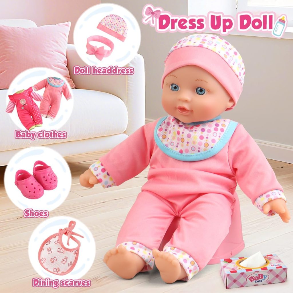 YIYBM Baby Doll with Stroller Set with 12.5″ Baby Dolls, Handbag, 2 Sets Doll Clothes and 16 PCS Doll Accessories. Baby Stroller Toys for Toddler Girls Kids Ages 3-5 4-6 for Pretend Play.