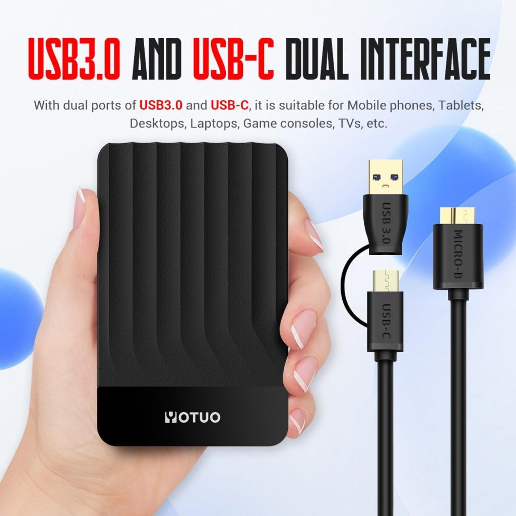 YOTUO 1TB External Hard Drive, Portable Storage Expansion HDD, USB 3.0 & USB-C for PC, Mac, Desktop, Laptop, Smartphone, PS4, Xbox One, Xbox 360, Office & Game, Black